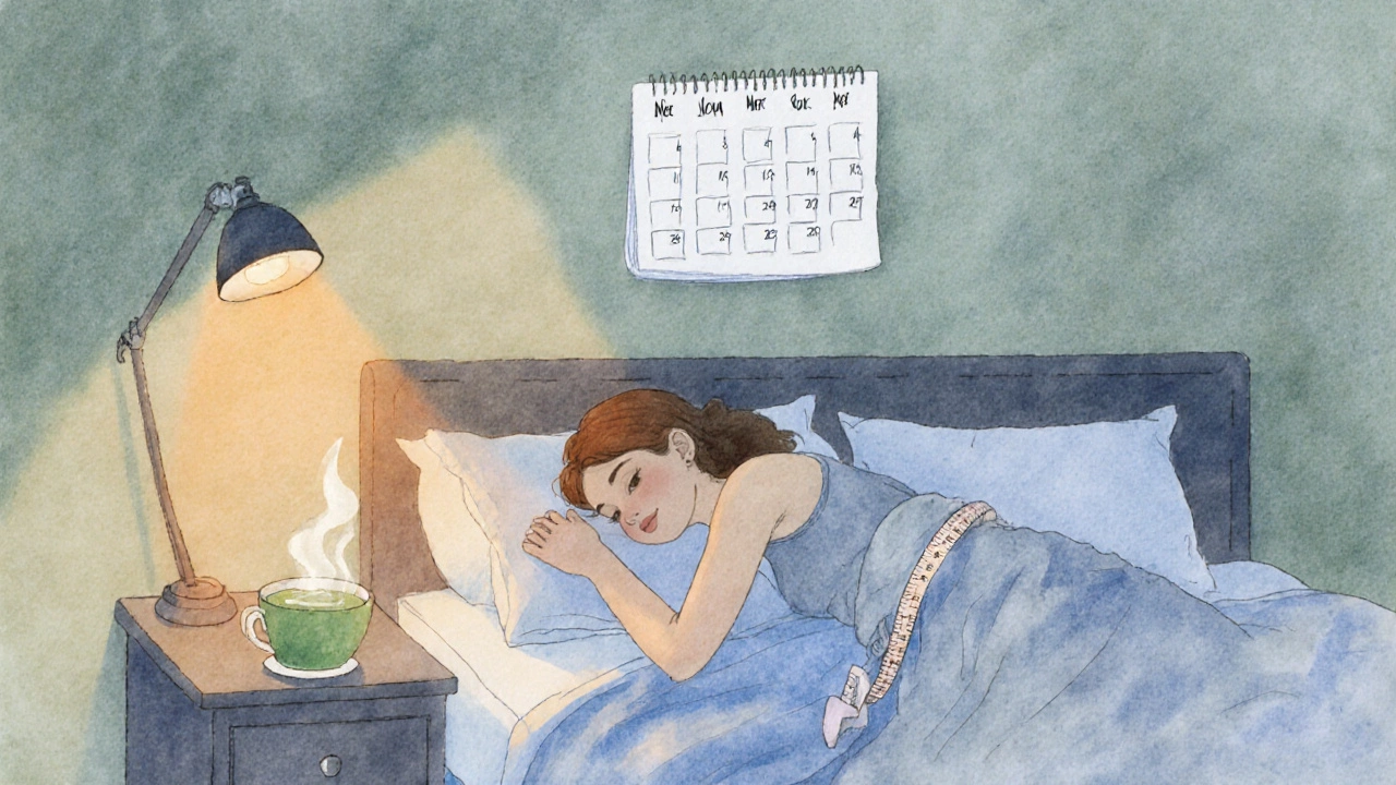 Календарь 4‑недельного плана, измерительная лента на талии, человек спит, чашка зелёного чая.