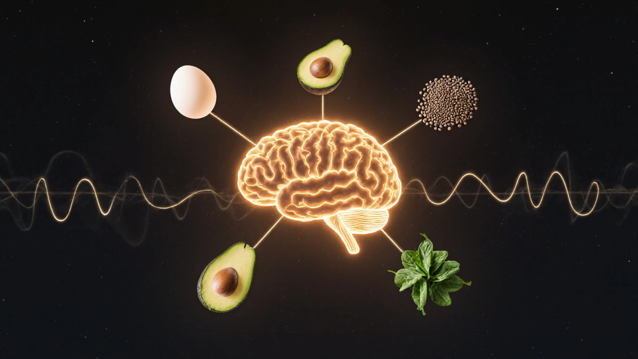 Мозг, соединённый светящимися нитями с полезными продуктами, символизирующий устойчивую энергию и концентрацию.