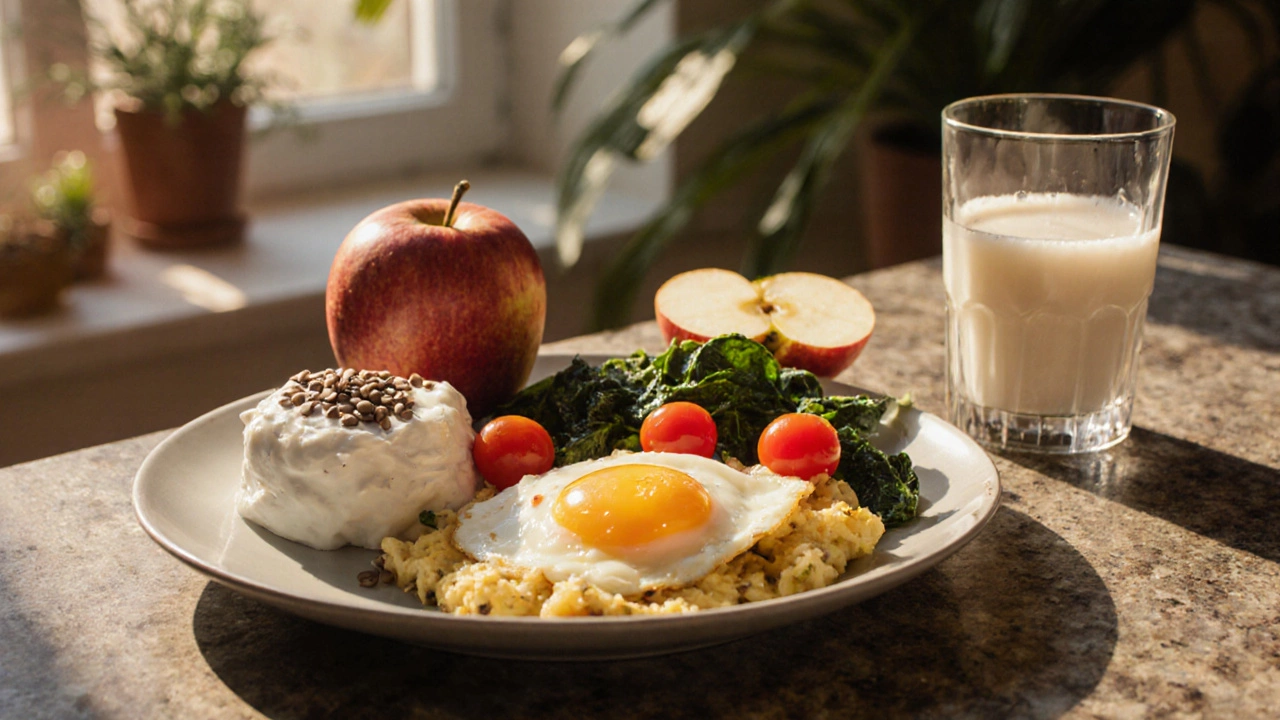 Сбалансированный завтрак: яичница со шпинатом, йогурт с льняными семенами и яблоком на каменной стойке.