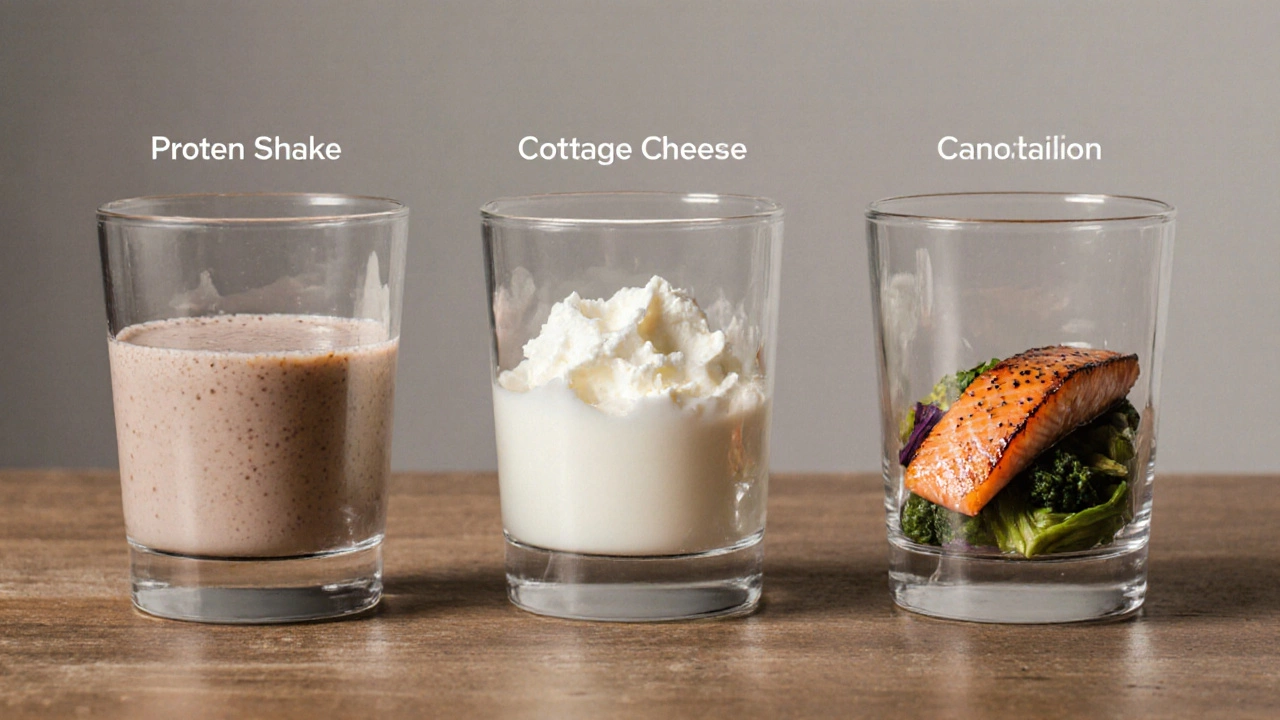 Три напитка и блюда: протеин, творог с молоком, лосось с овощами — сравнение натуральной и обработанной пищи