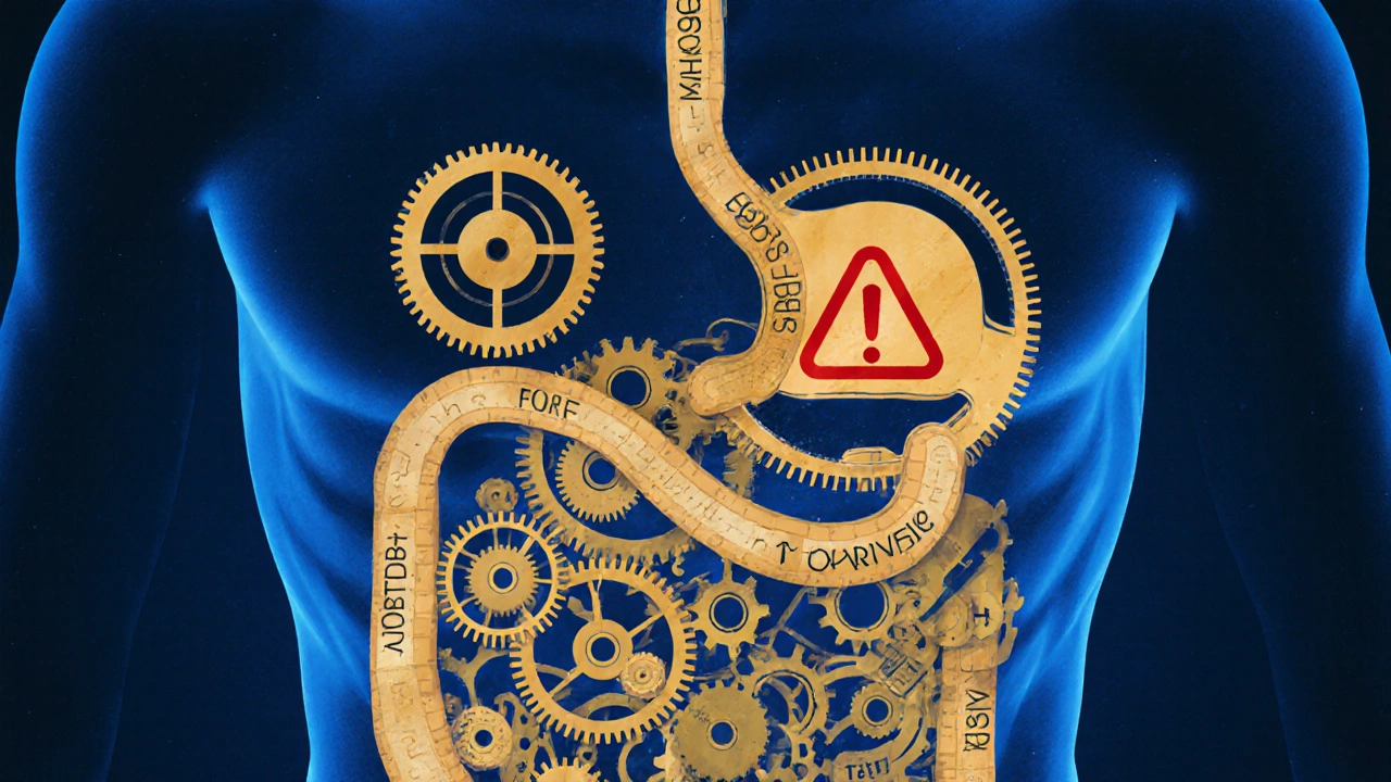 Анатомическая иллюстрация пищеварительной системы в виде механизмов, где неправильные сочетания продуктов вызывают сбой.