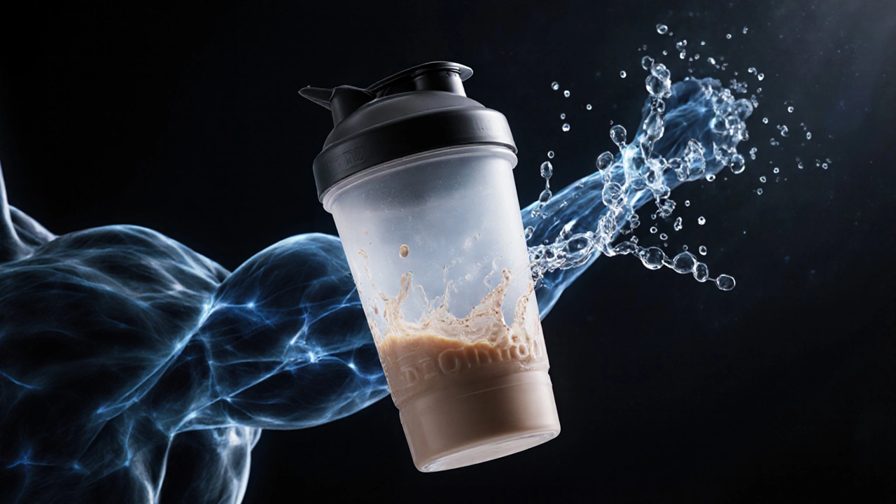 Бутылка с протеином, из которой исходят аминокислоты к мышцам.