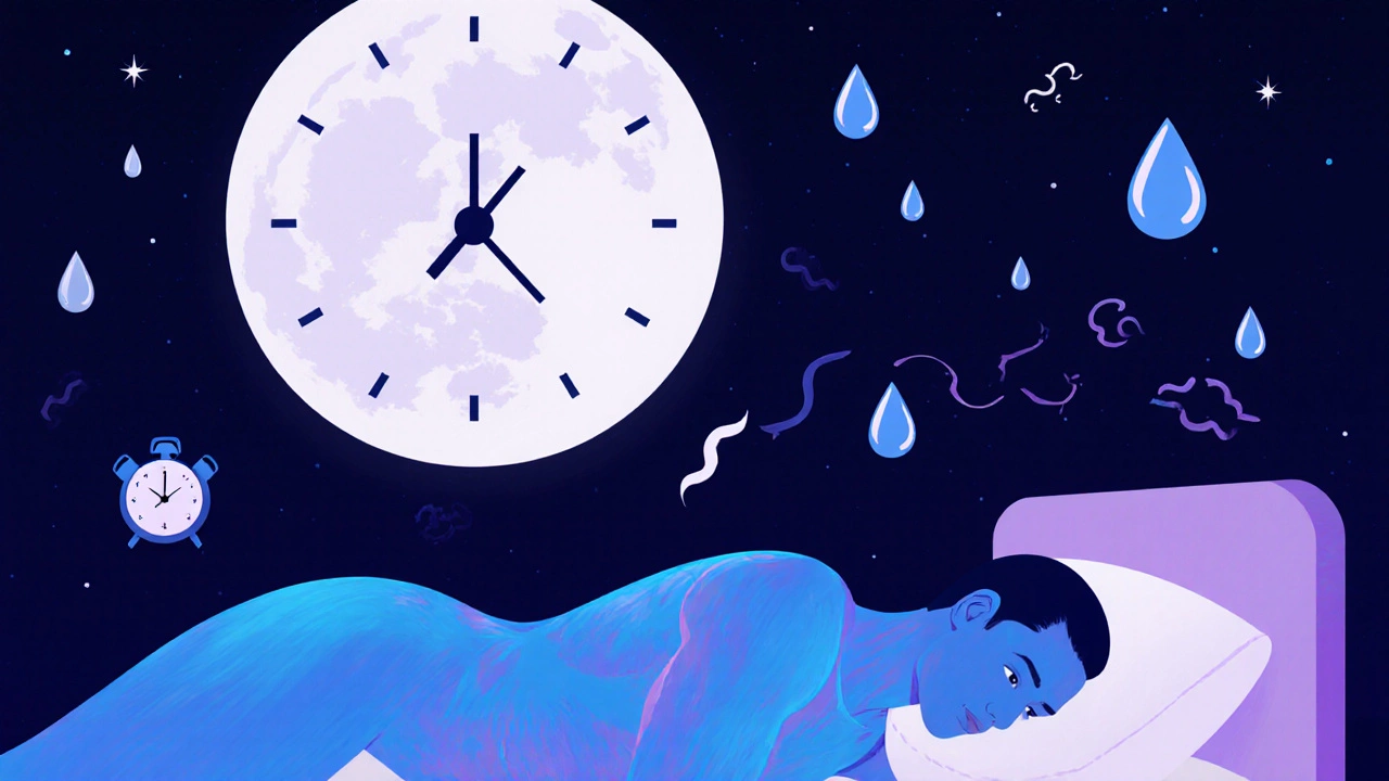 Человек спит ночью, вокруг него светятся символы восстановления мышц: сон, вода, белок.