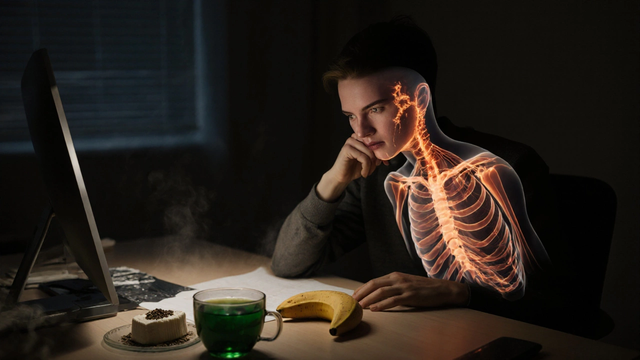 Человек за столом с завтраком, прозрачный слой показывает стабильный поток энергии в теле