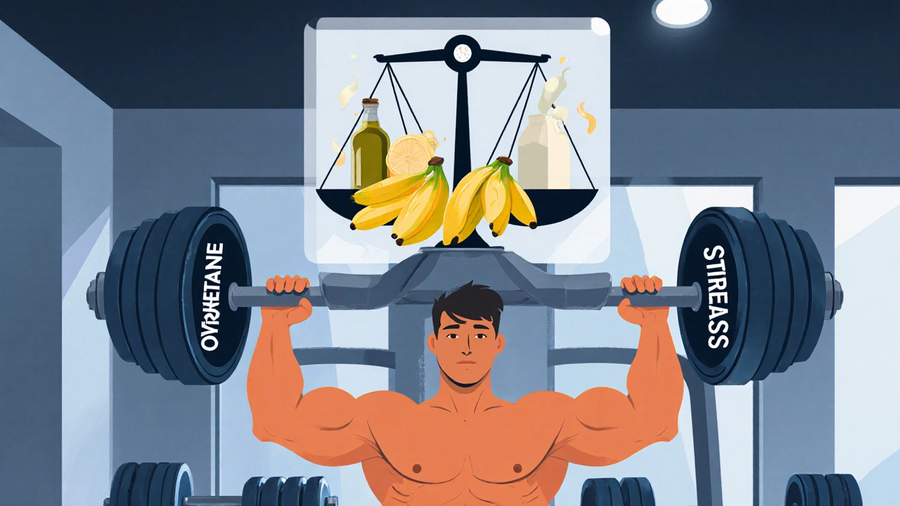 Мужчина тренируется, но над ним висят символы недостатка калорий и избытка кардио, еда и гири в воздухе.