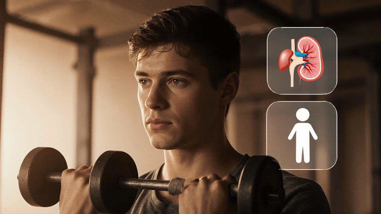 Подросток тренируется в зале, вокруг него — предупреждающие символы рисков