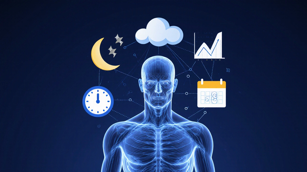 Прозрачное тело с светящимися мышцами, связанными с символами сна, калорий, стресса и отдыха.