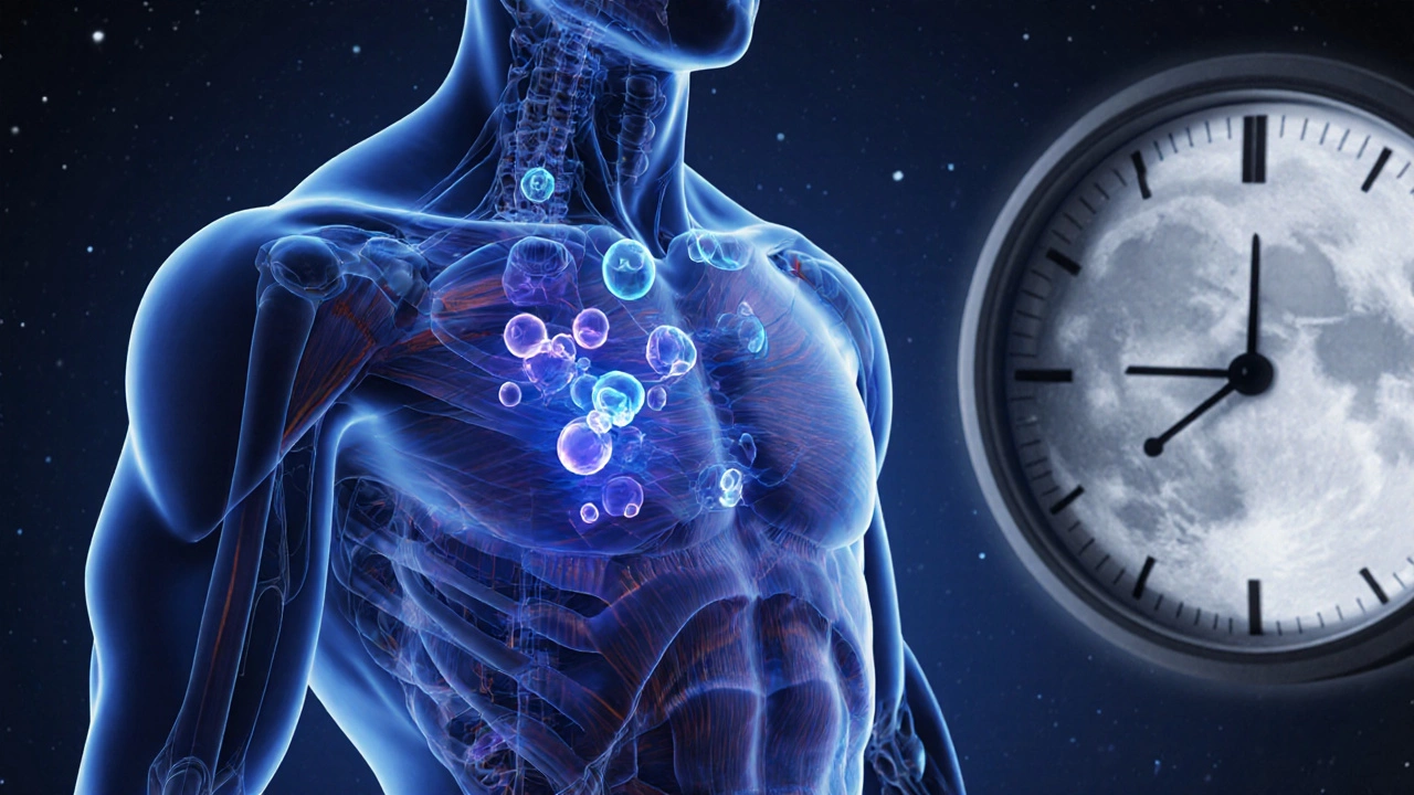 Прозрачный силуэт мышц с потоками аминокислот, восстановление во время сна.