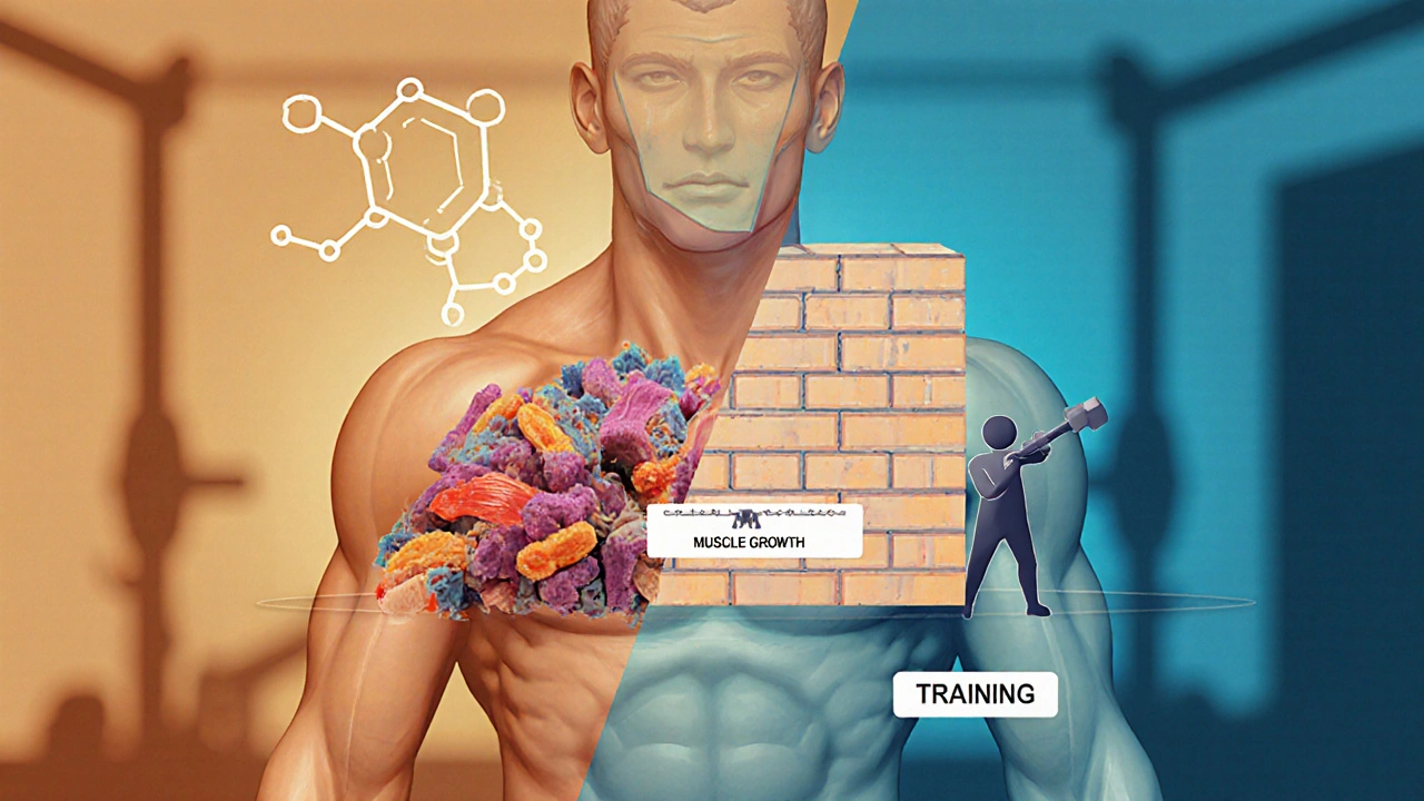 Схематичное изображение мышечного роста под действием белка и тренировок