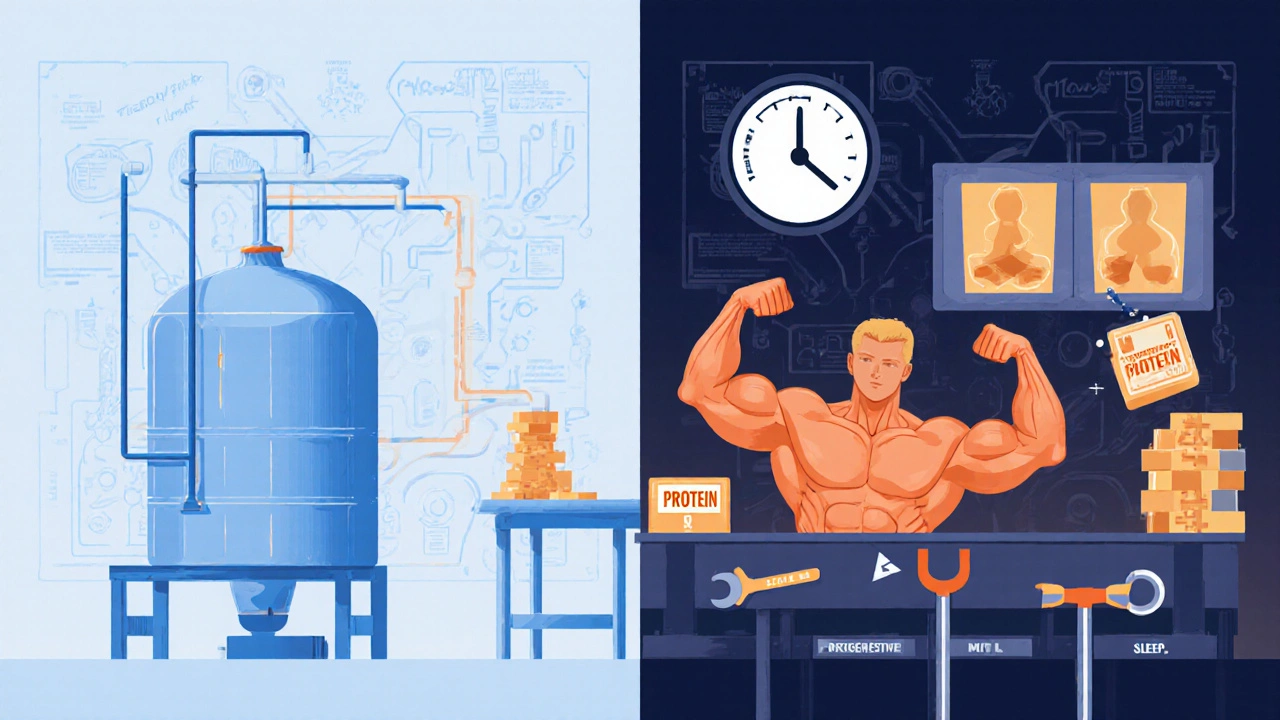 Схематичное изображение тела как завода: жир как топливо питает сборку мышц из белковых блоков.