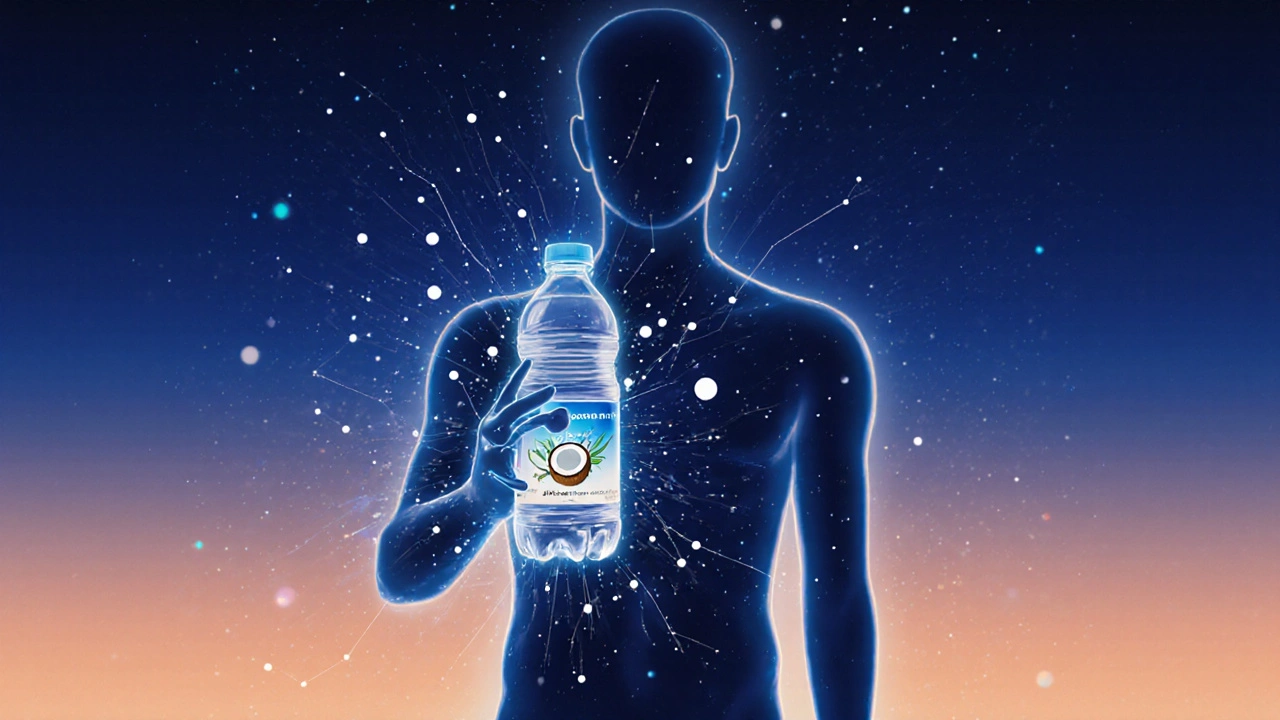 Силуэт человека с бутылкой кокосовой воды и светящимися электролитами.