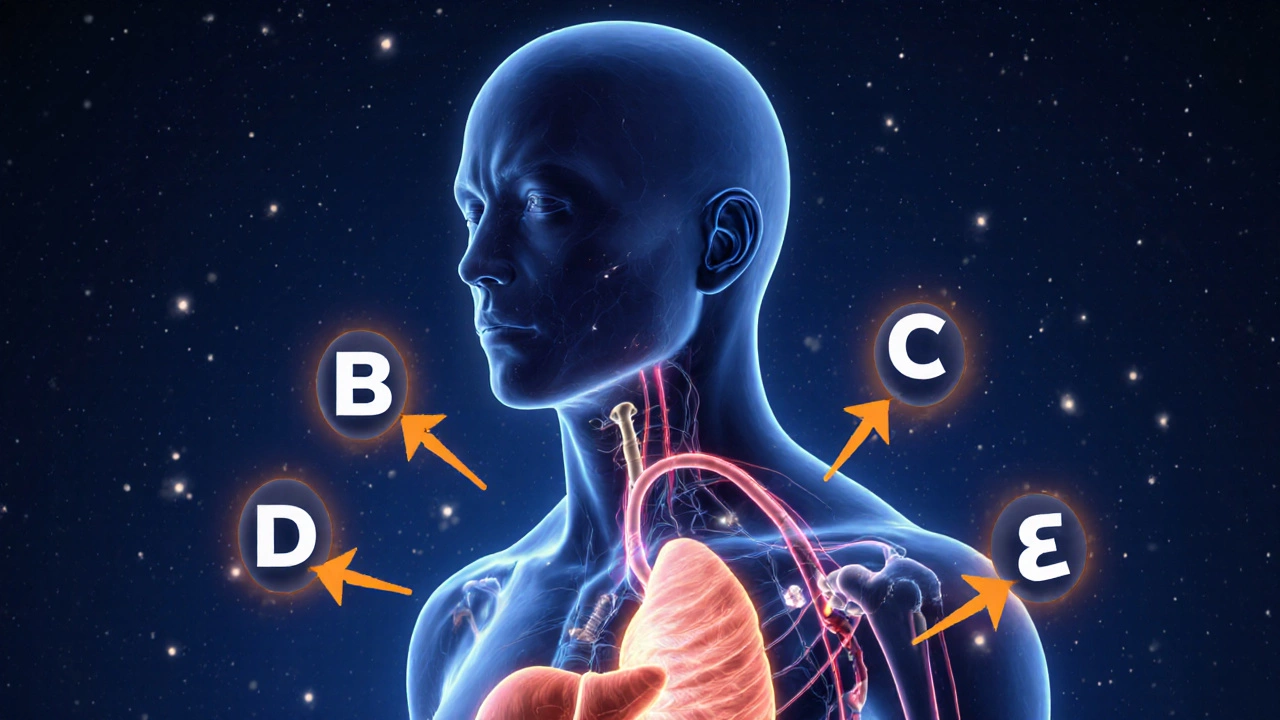 Силуэт тела с внутренними лучами витаминов