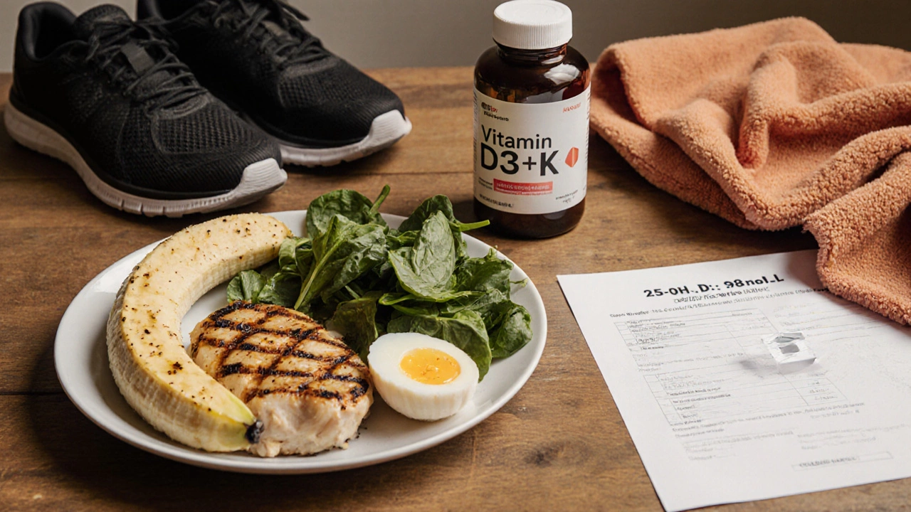 Тарелка с едой и добавками рядом с анализом крови