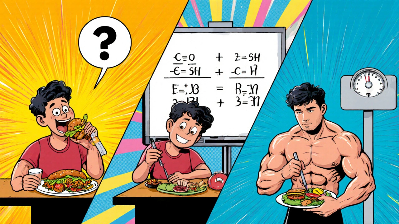 Три этапа изменения тела: от неопределенности через расчеты к здоровому питанию в стиле комикса.