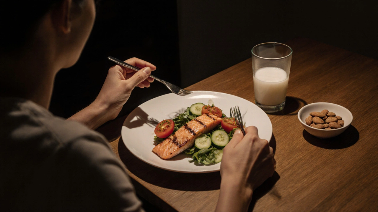 Вечерний ужин: лосось с овощами и горсть миндаля отдельно — правильное питание без смешивания продуктов.