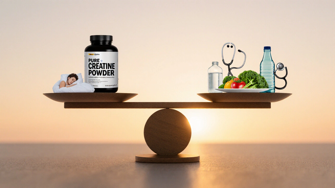Весы с креатином с одной стороны и здоровым образом жизни с другой
