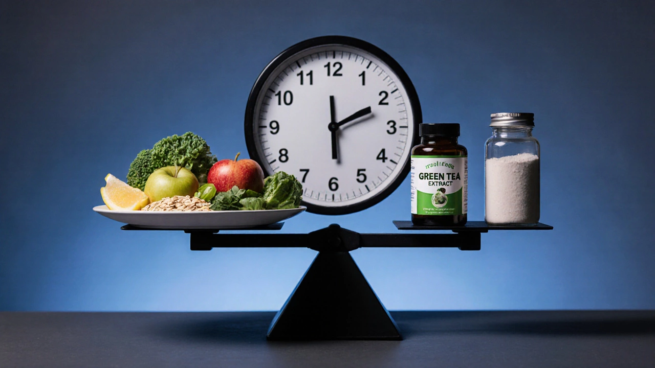 Весы с полезной едой с одной стороны и добавками — с другой, символизирующие сбалансированный подход к похудению.