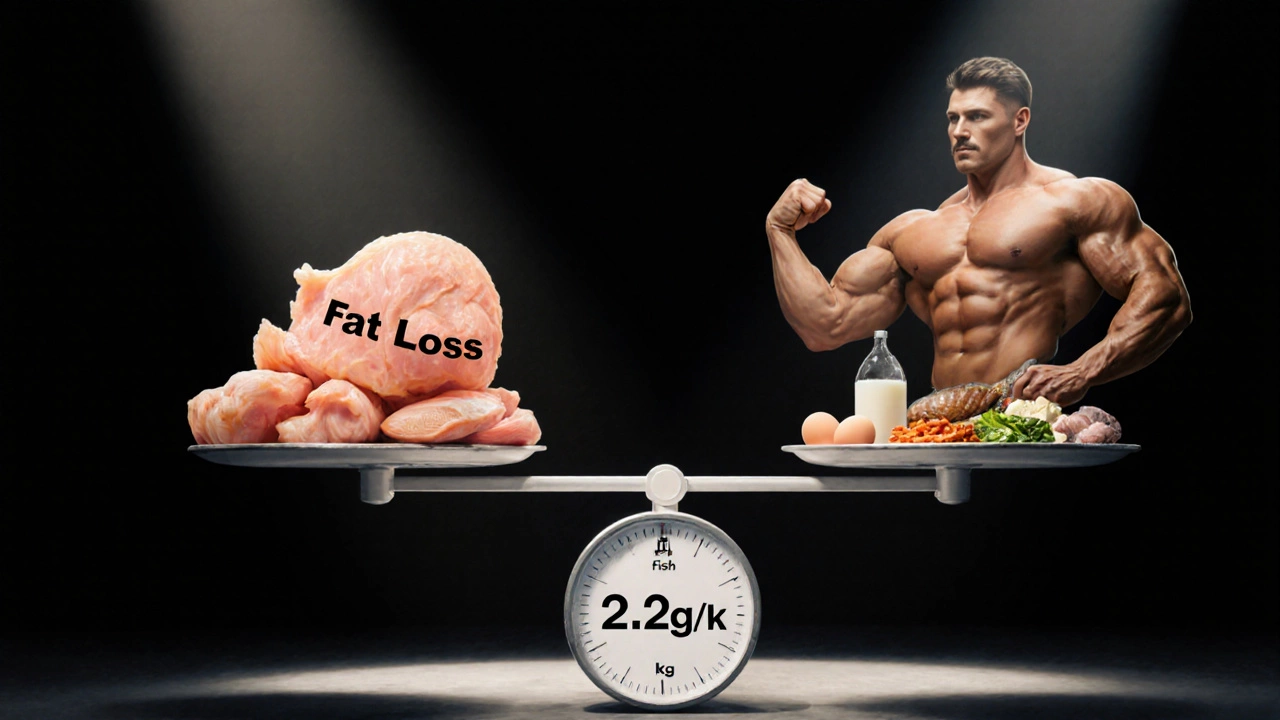 Весы с жиром с одной стороны и мышцами с белковой пищей с другой — баланс для сжигания жира.