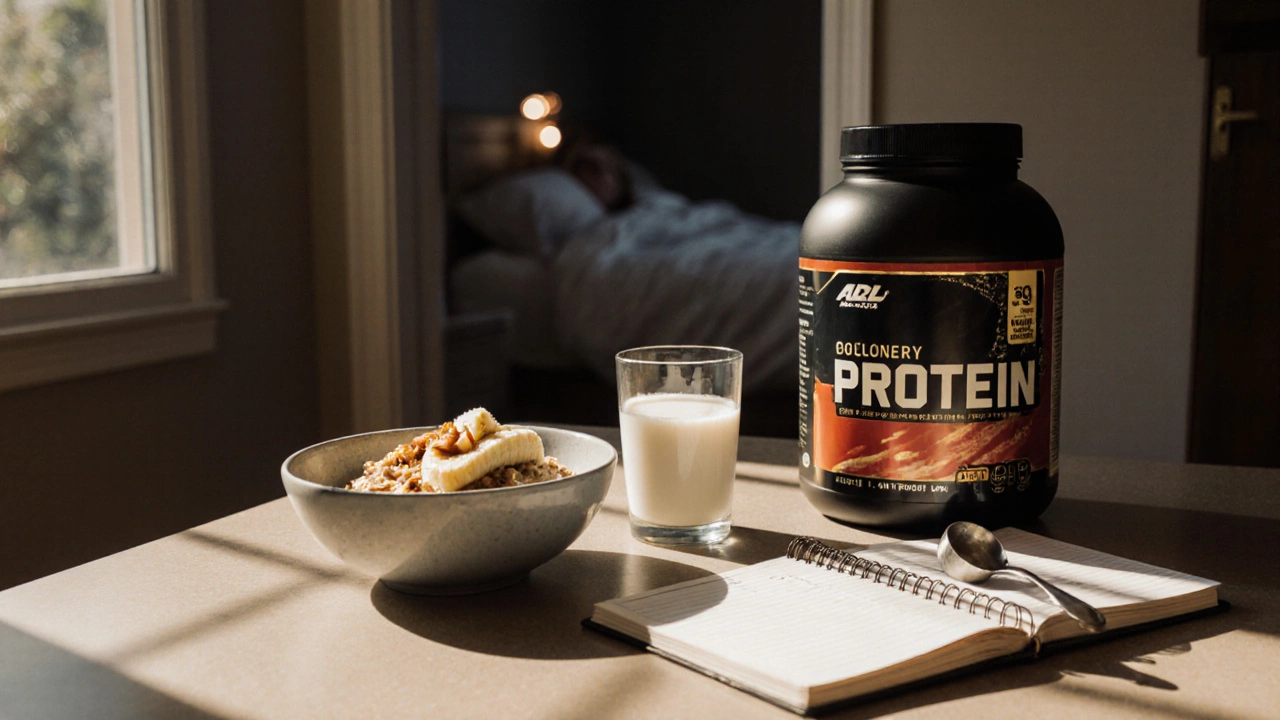 Завтрак на кухне с протеином, овсянкой и записью веса утром