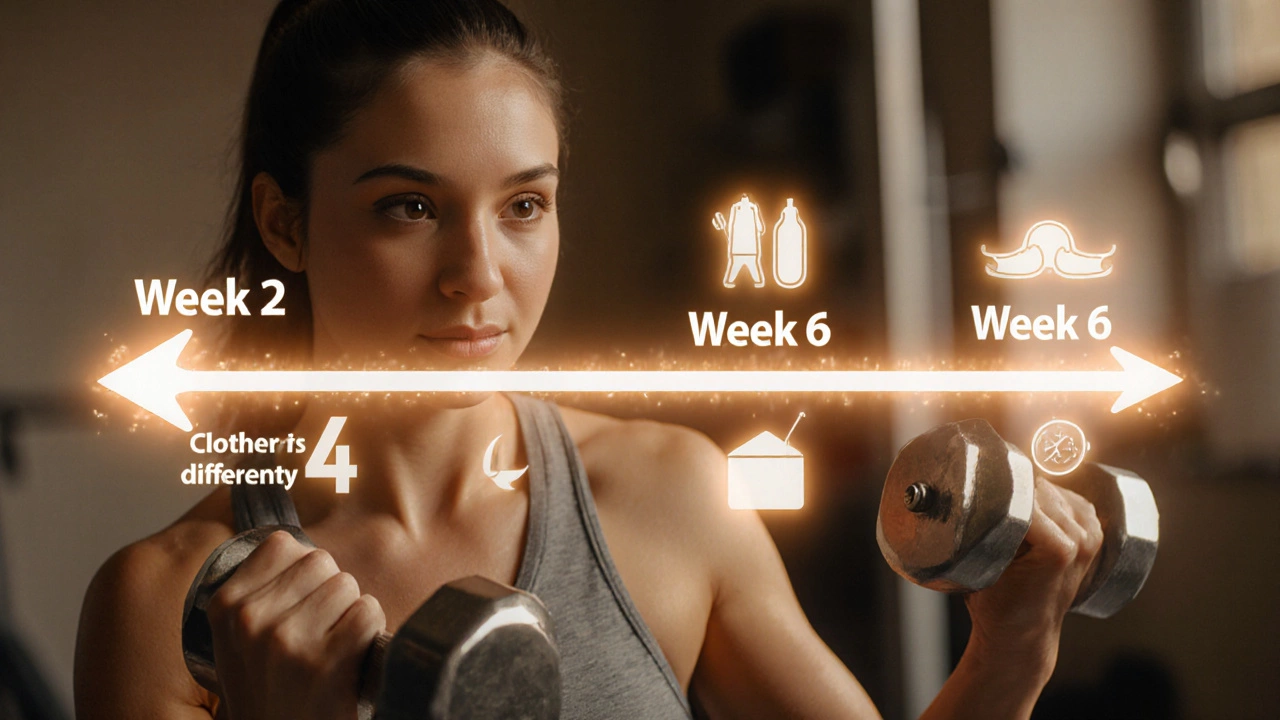 Женщина тренируется с гантелями, рядом визуализирован прогресс за 6 недель.
