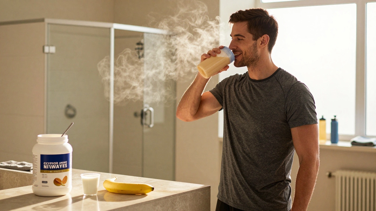 Атлет пьет протеин после тренировки, рядом — банан и кефир для восстановления.