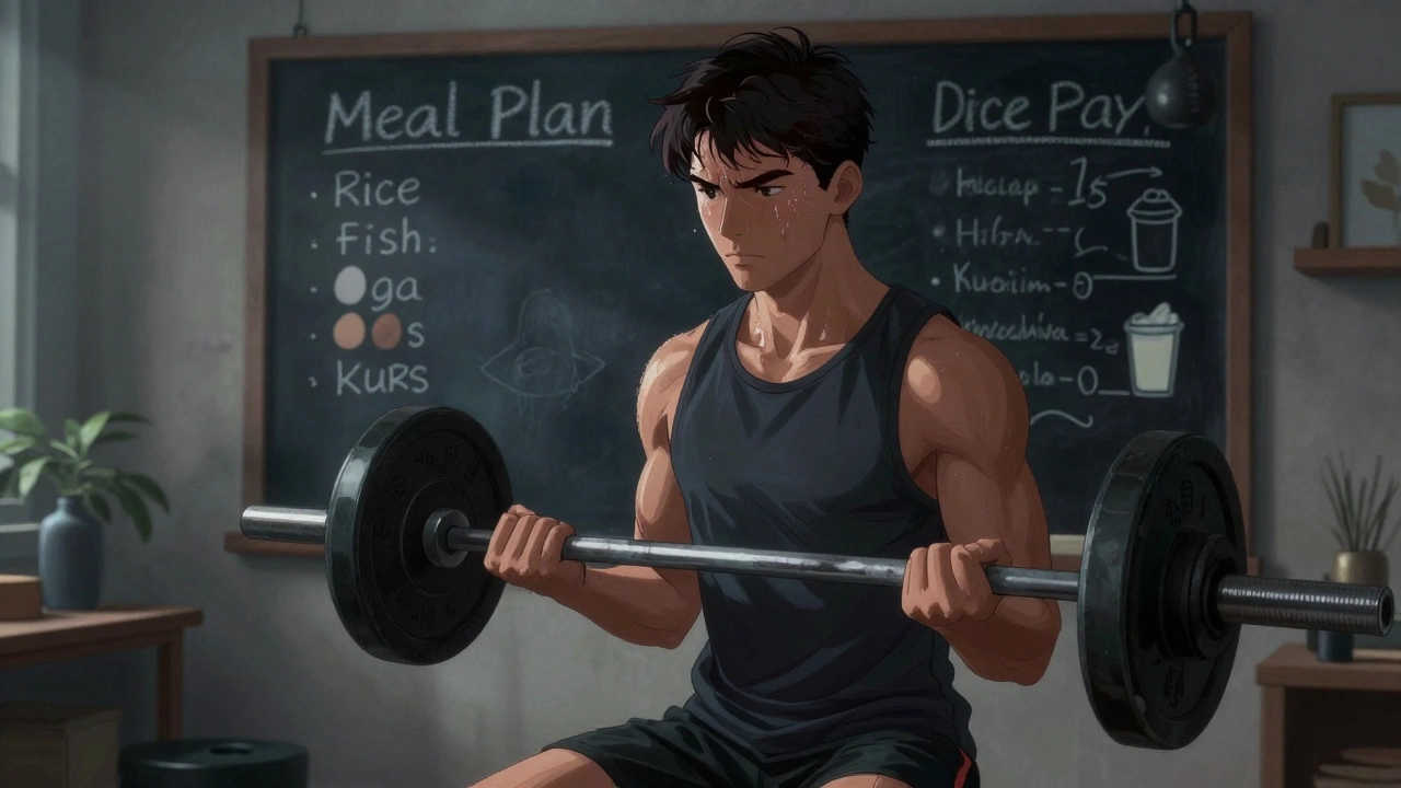 Атлет тренируется в домашнем зале, на фоне табло с меню из натуральных продуктов.