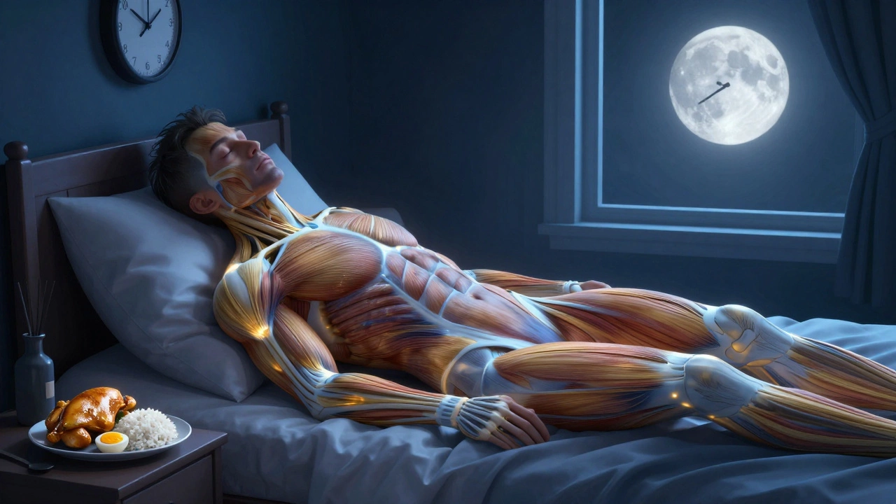 Человек спит в темной комнате, мышцы светятся, на тумбочке — еда для восстановления.