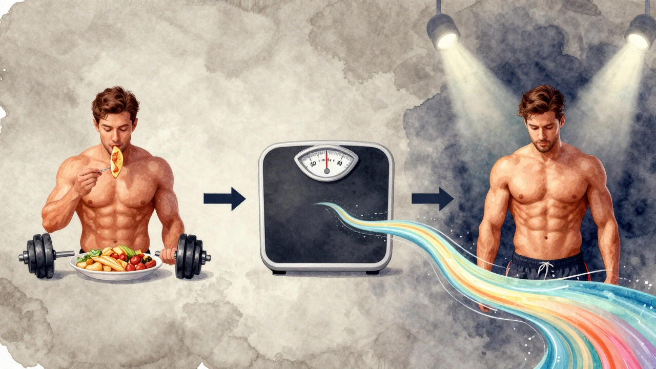 Цикл трансформации тела: набор массы, сушка, результат — визуальная метафора прогресса.