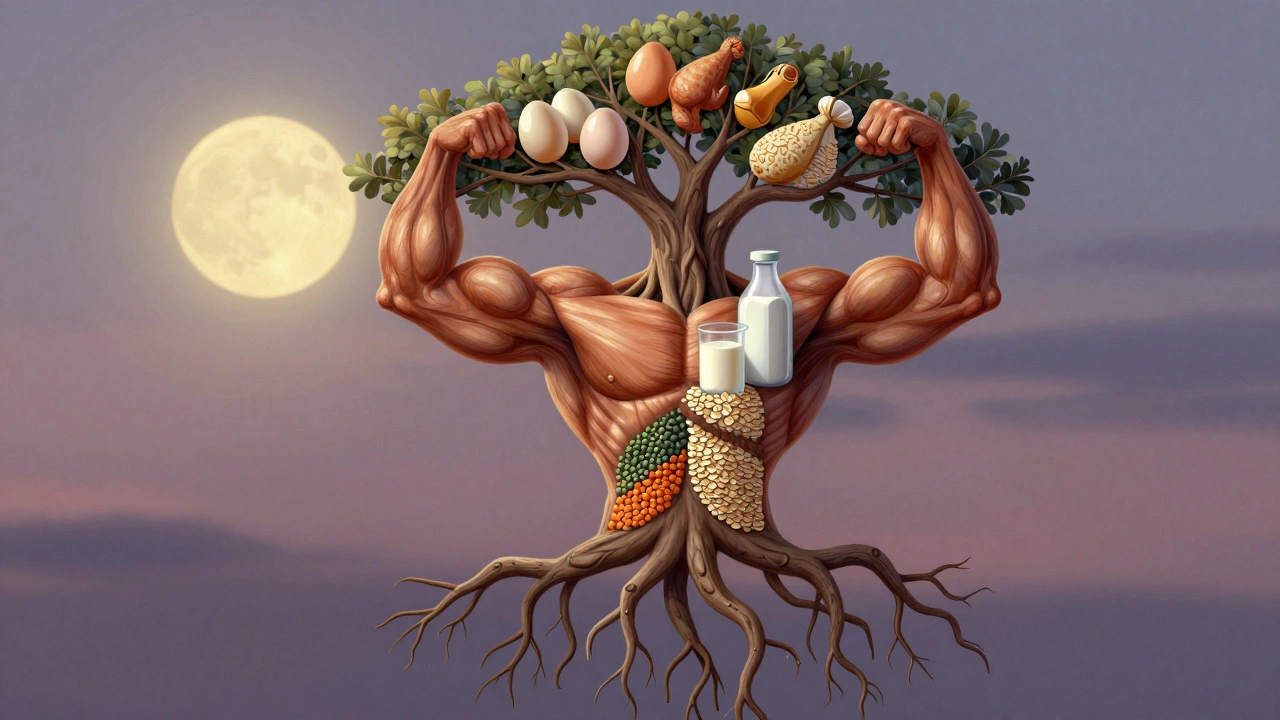Дерево с корнями из продуктов питания, превращающимися в мышцы, символизирует естественный рост.