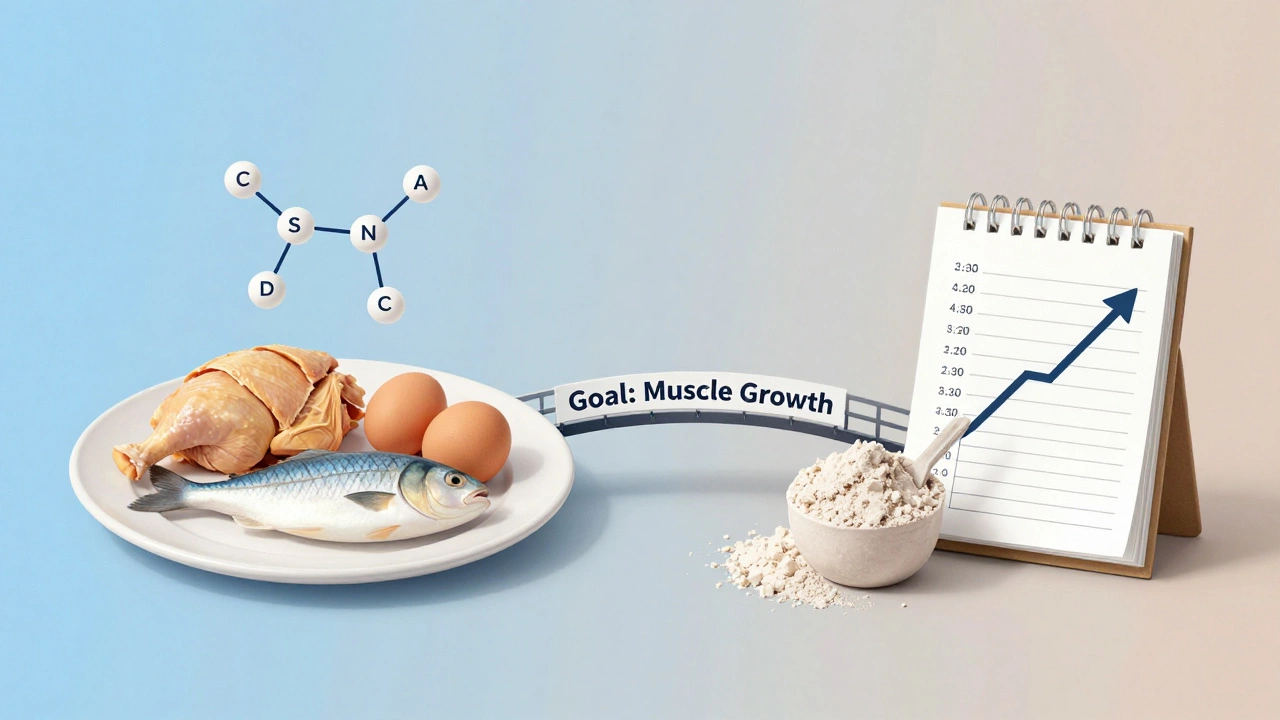 Два мира: еда с белками слева, креатин и журнал прогресса справа — путь к росту мышц.