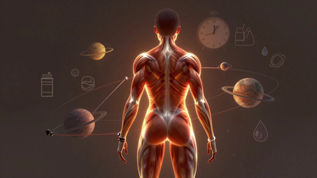 Концептуальное изображение ягодиц, составленных из светящихся мышечных волокон, с символами тренировки и восстановления.