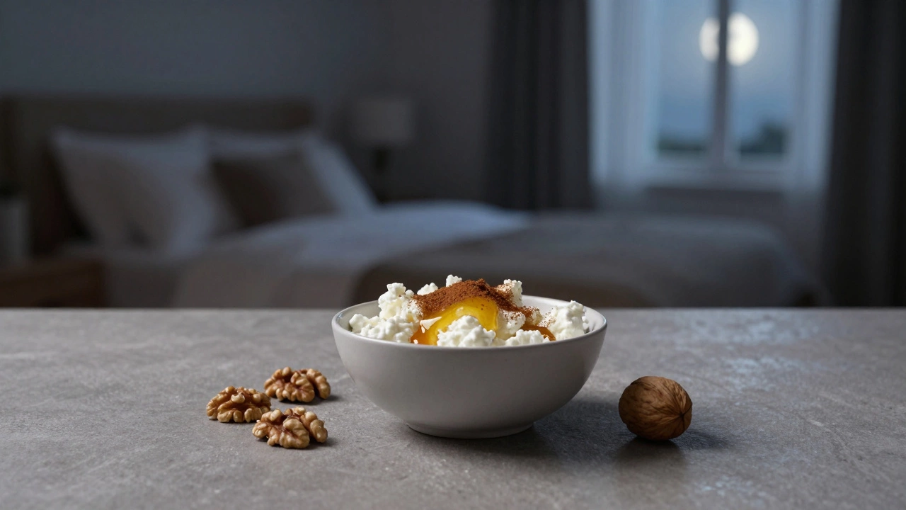 Легкий ужин: творог с медом и корицей, грецкие орехи, мягкий вечерний свет.