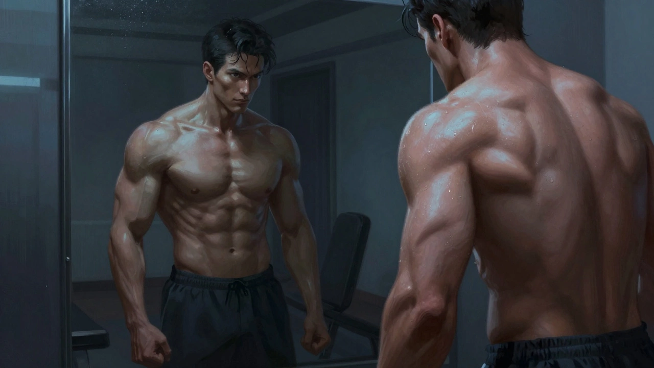 Мужчина смотрит в зеркало во время сушки, рельефные мышцы, вены на руках, холодное освещение.