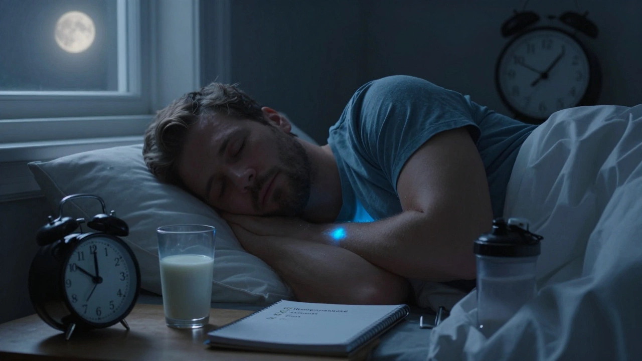 Мужчина спит в темной комнате, в его теле светится гормон роста, на тумбочке — протеин и записная книжка.