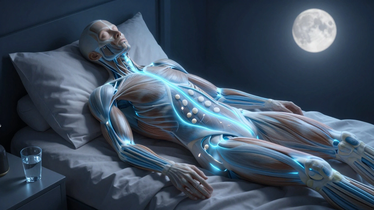 Ночью казеин медленно питает мышцы, изображён как светящийся поток.