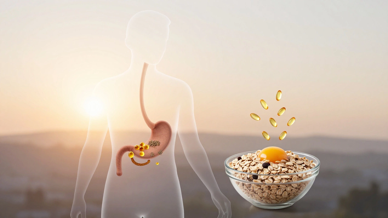 Прозрачная фигура с внутренними питательными веществами, исходящими от здорового завтрака.