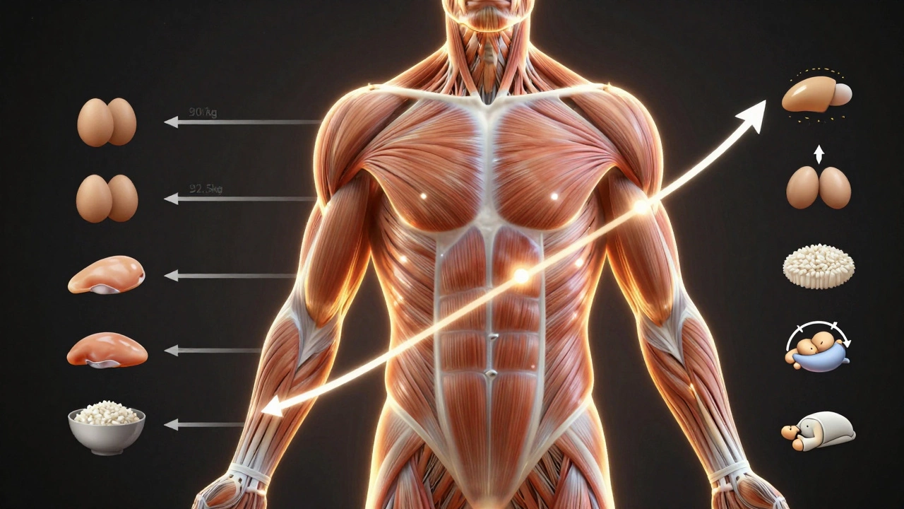Прозрачное изображение мышц с растущими волокнами и графиком прогрессии нагрузки, окруженное продуктами питания и циклами сна.
