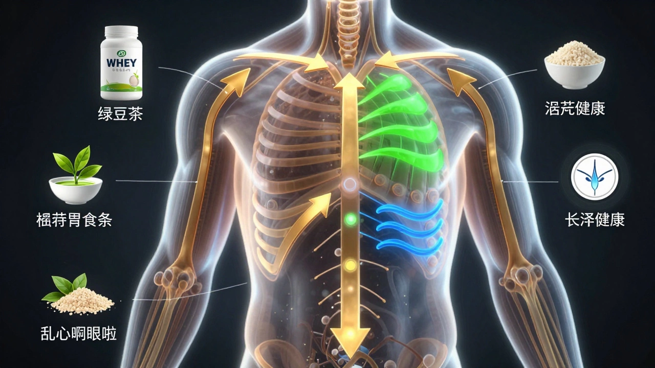 Прозрачное изображение тела с метаболическими путями, показывающими синтез белка и расщепление жира, с добавками в виде иконок.