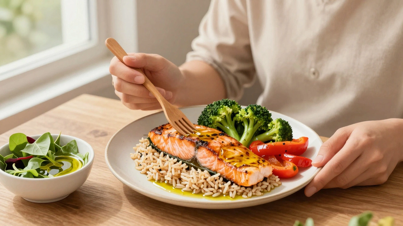 Сбалансированный обед: запеченная рыба, бурый рис и запеченные овощи с оливковым маслом.