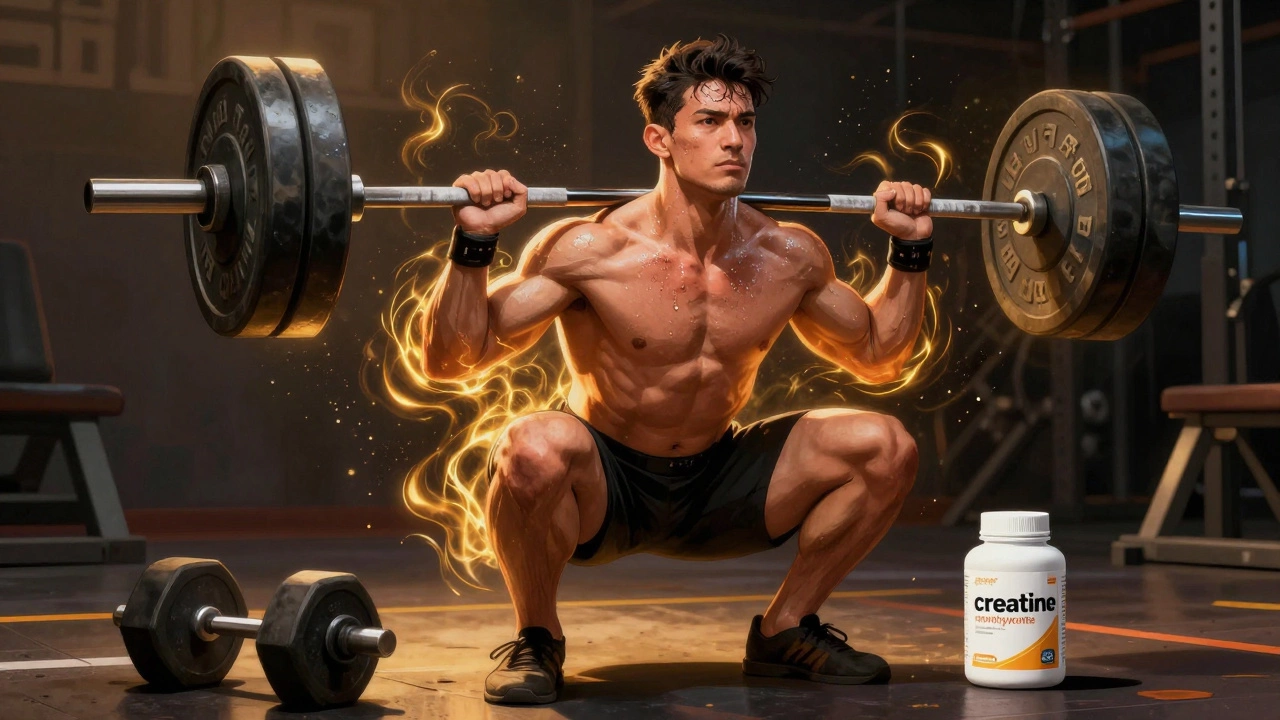 Спортсмен делает присед со штангой, вокруг него — энергетические волны, символизирующие креатин.