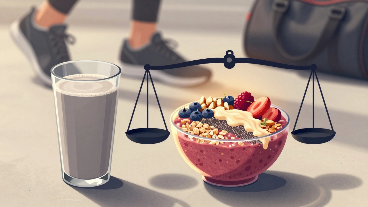 Сравнение: простой протеиновый коктейль и полноценный завтрак с овсянкой и ореховой пастой.
