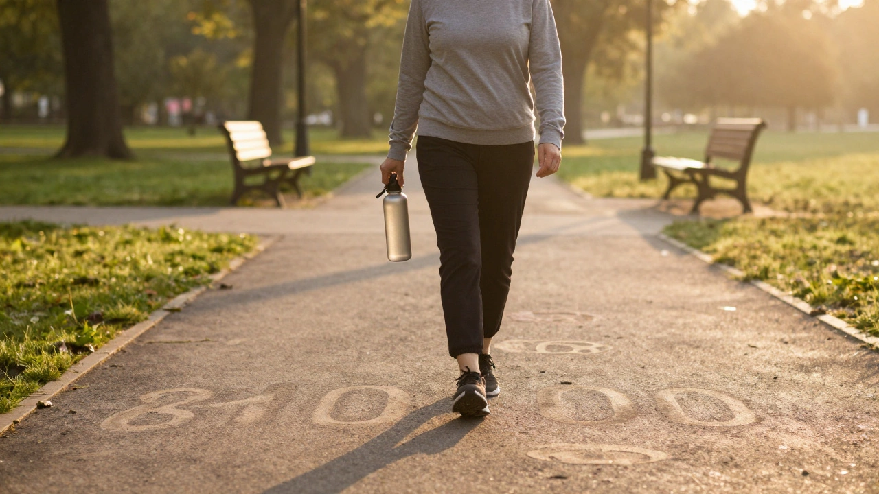 Человек идёт в парке на рассвете, по пути — следы, обозначающие 8000 шагов.