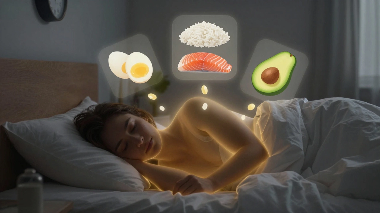 Человек спит, а над ним плавают изображения продуктов, символизирующих восстановление мышц во сне
