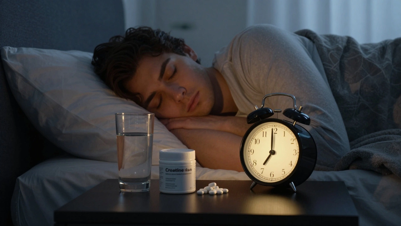 Человек спит, рядом стакан воды и креатин — отдых важнее добавок.