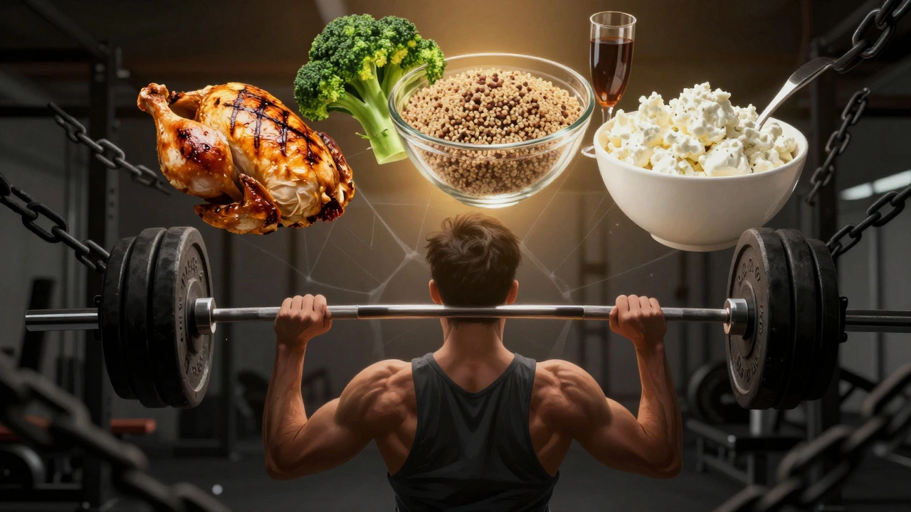 Человек в тренажерном зале, вокруг него темные цепи из запрещенных продуктов, а чистая еда светится