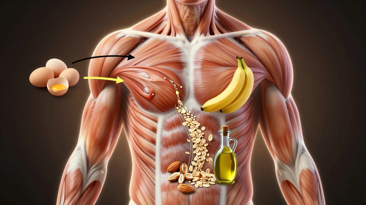 Прозрачное изображение мышц, питающихся белками, углеводами и жирами из натуральных продуктов