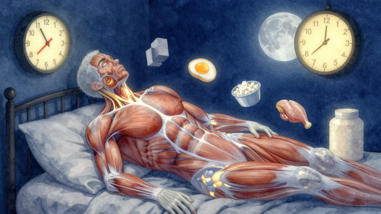 Прозрачное тело в темноте, мышцы светятся, восстанавливаясь во сне, рядом часы и еда.