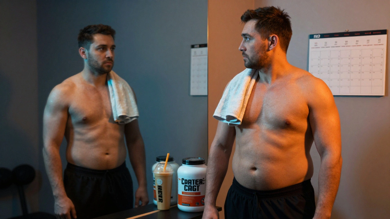 Разделенное отражение: один бок — мускулистый, другой — с избыточным жиром.