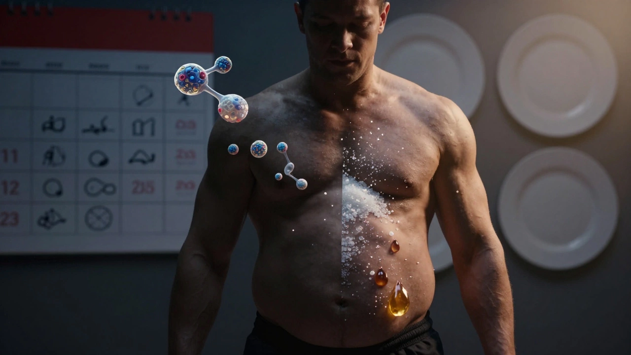 Разделённый силуэт: одна половина — мускулистая с белком, другая — с жиром и сахаром.