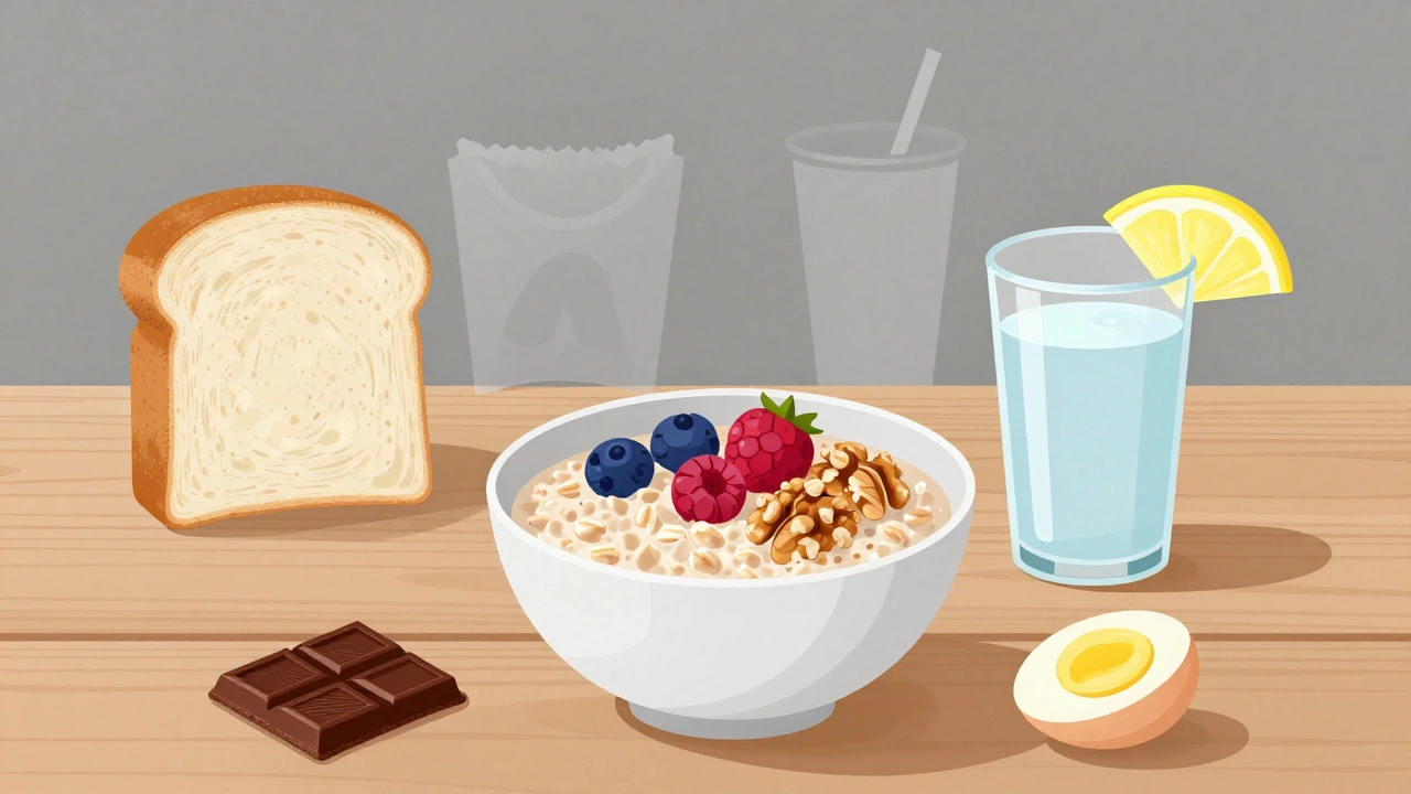 Сбалансированный завтрак из овсянки, яйца и темного шоколада на деревянном столе.